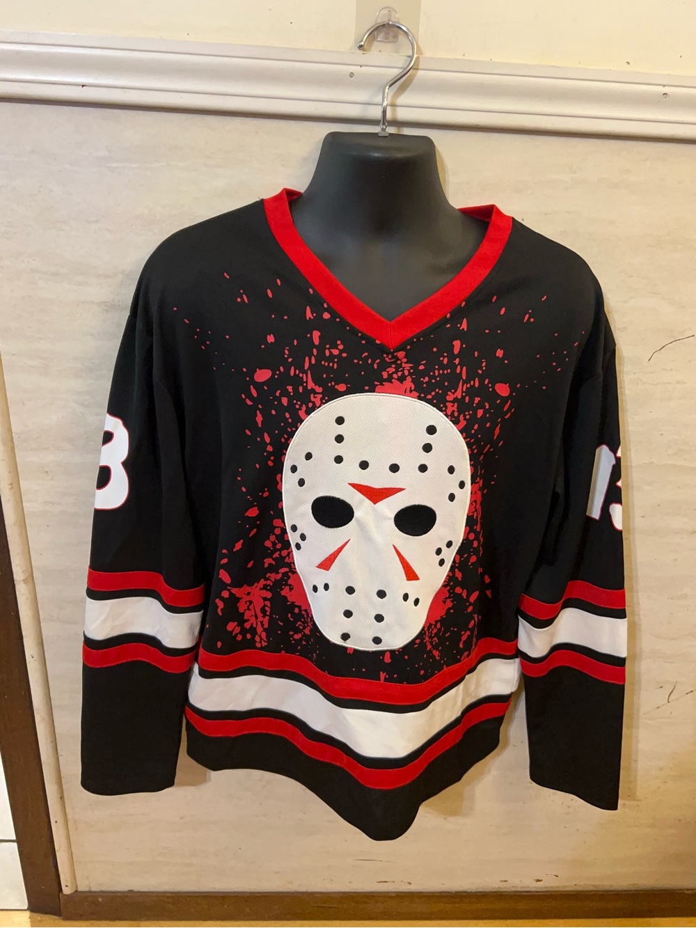 Officially licensed Friday the 13th Jason Voorhees Hockey Jersey.